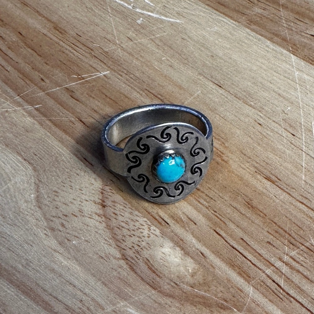 Hand Stamped Silver Tone Sun Wave Adjustable Ring Turquoise Cabochon Boho Style